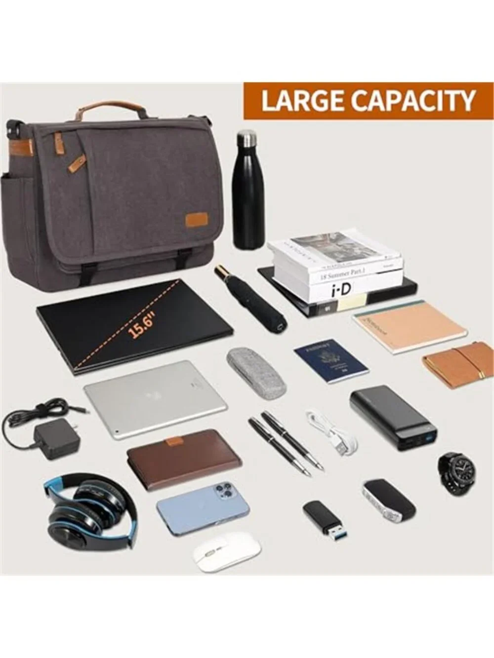 Canvas Messenger Bag Laptop Shoulder Bag 15 Inch Work Travel School Bag